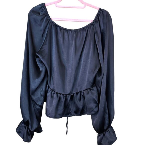 Top Shop Black Satiny Puffed Sleeve Blouse Size 10 - Picture 12 of 14